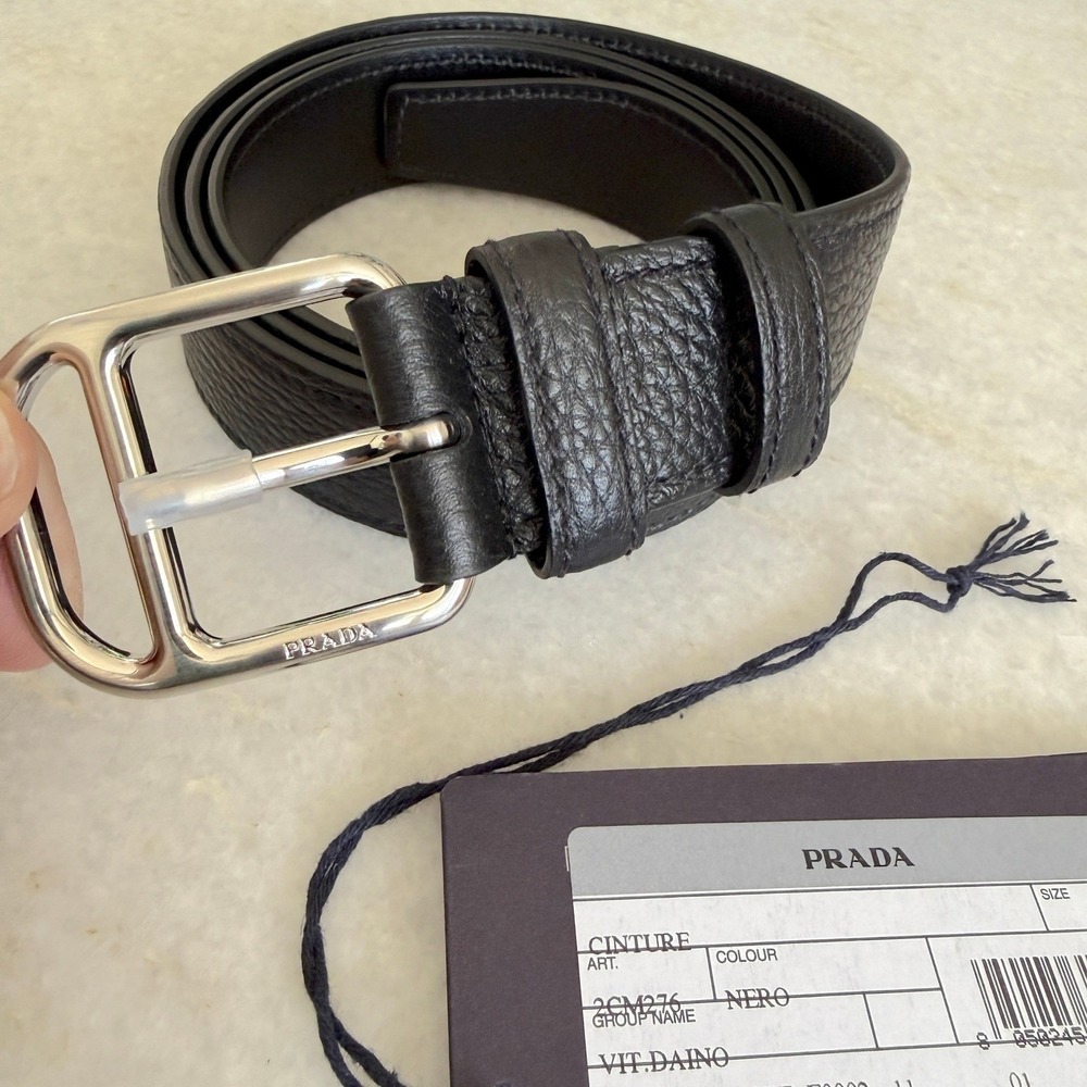 Prada 2CM276 Men's Pebbled Black Leather Belt silver buckle, 110cm - Picture 5 of 8